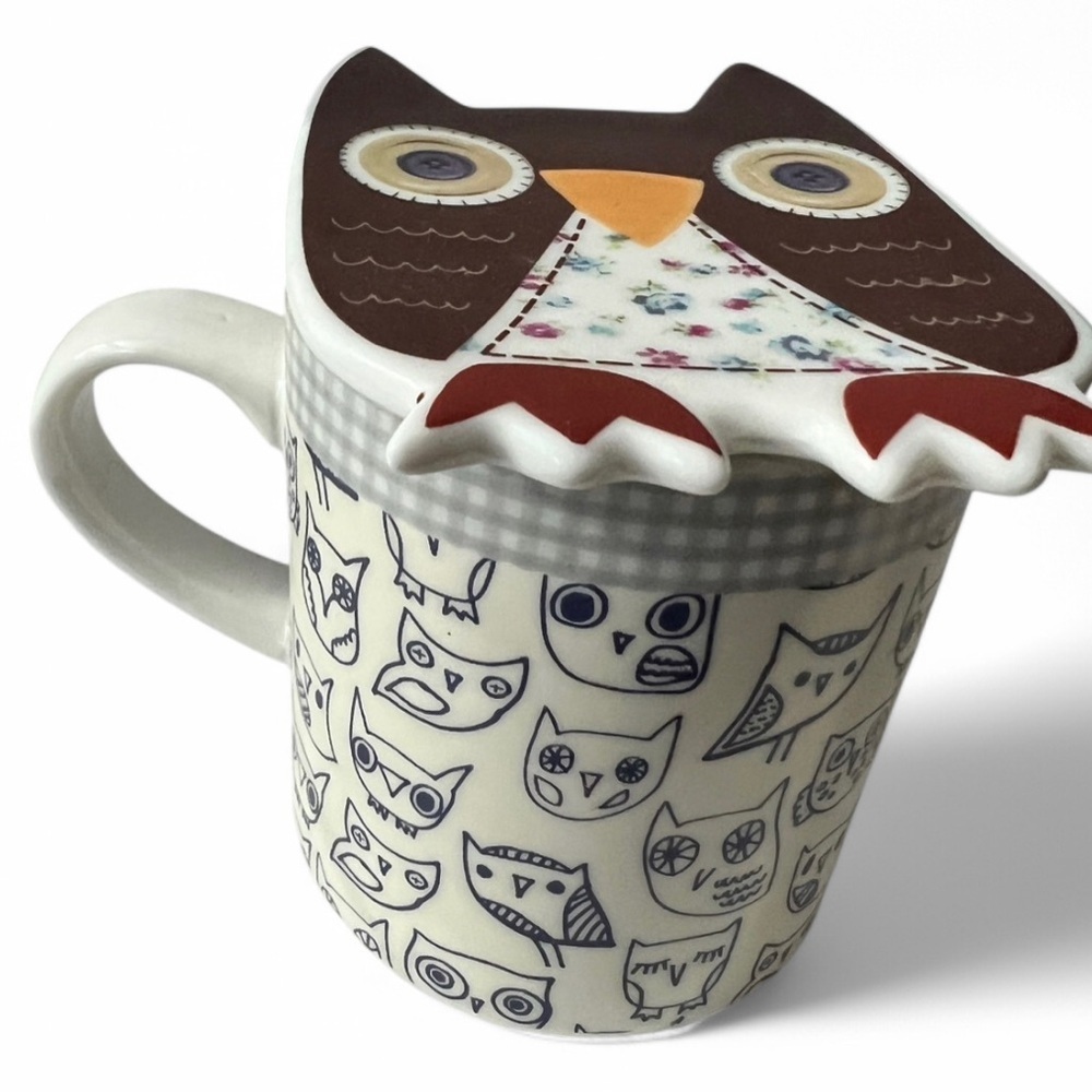 Disaster Design UK Blue White‎ Small Owl Illustrated Tea Mug with Top Lid  Cover